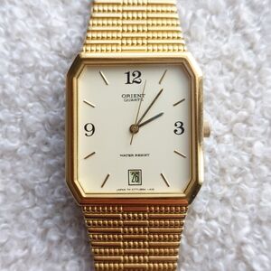 Orient Quartz Gold Square Tank Dress Watch Unisex Integrated Bracelet Vintage